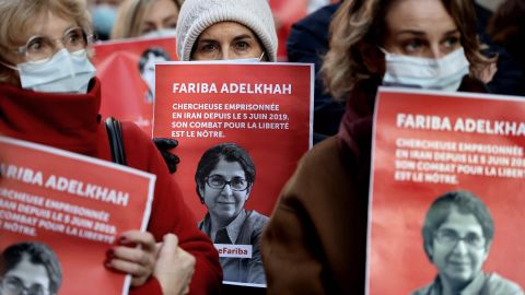 Colleagues of French-Iranian academic Fariba Adelka gather at Sciences Po in Paris on January 13, 2022.
