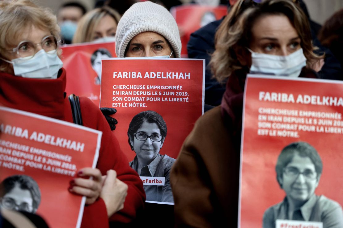Colleagues of the French-Iranian academic Fariba Adelkhah gather at Sciences Po, in Paris, on January 13, 2022.