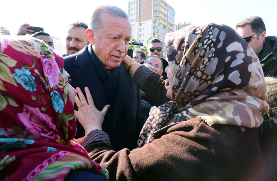 Turkish President Recep Tayyip Erdogan meets with residents affected by the earthquake in Diyarbakir, Turkey, on February 11.