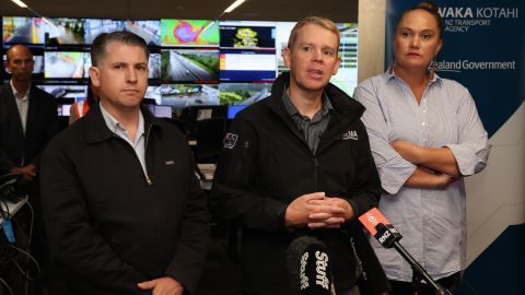 New Zealand Prime Minister Chris Hipkins (C), Deputy Prime Minister Carmel Sepuloni (R), and Transport Minister Michael Wood (L) at Waka Kotahi Auckland Transport operations room ahead of Cyclone Gabrielle's arrival on February 12 in Auckland, New Zealand.