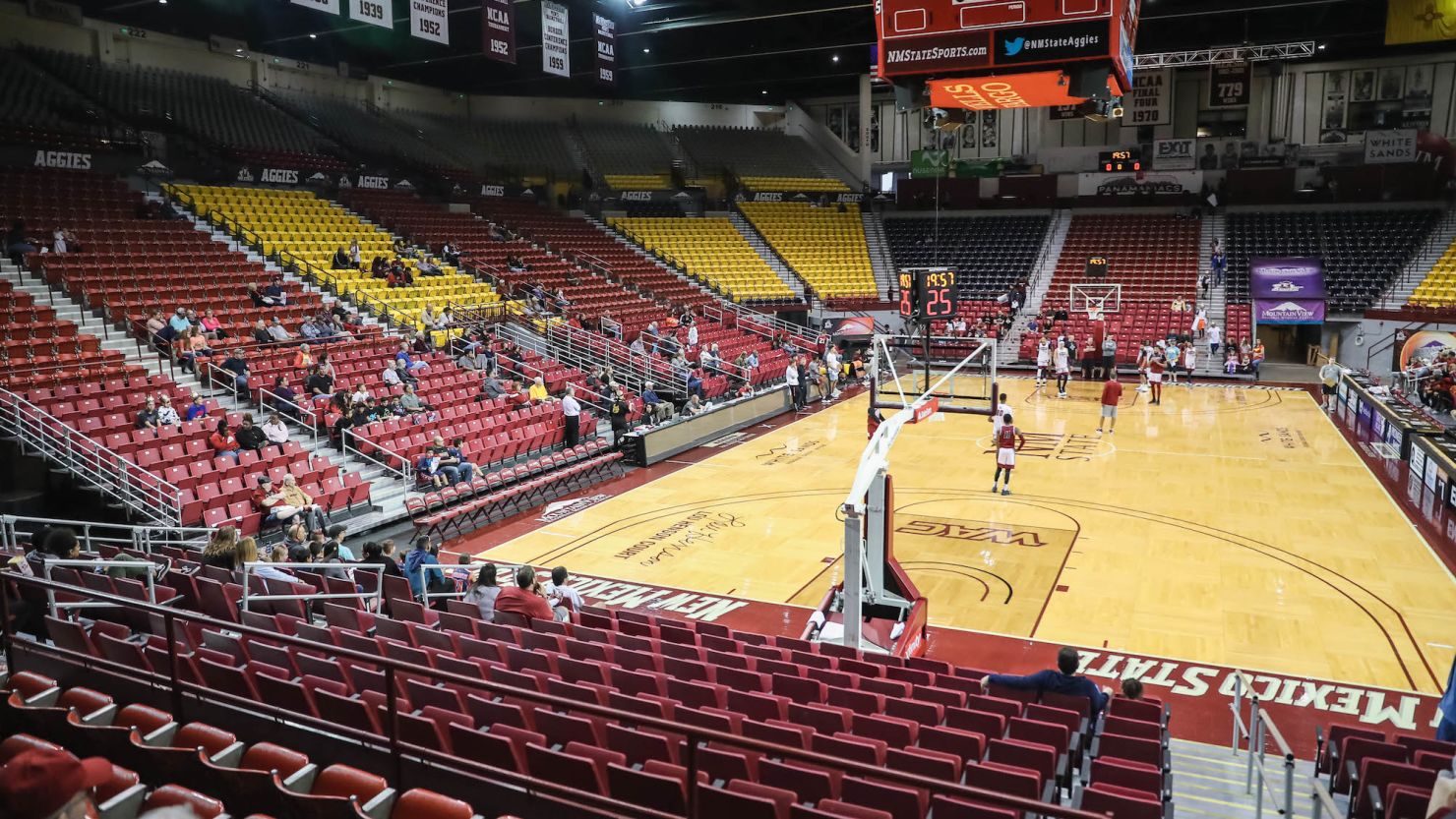 The NMSU men's basketball team, seen here practicing at the Pan American Center in Las Cruces in 2019, has been suspended "until further notice," according to the university. 