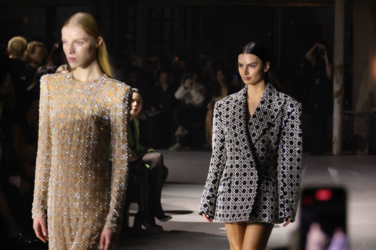 Emily Ratajowski closed Simkhai's Friday evening show in the Financial District in a boxy "menswear" take on womens suiting.