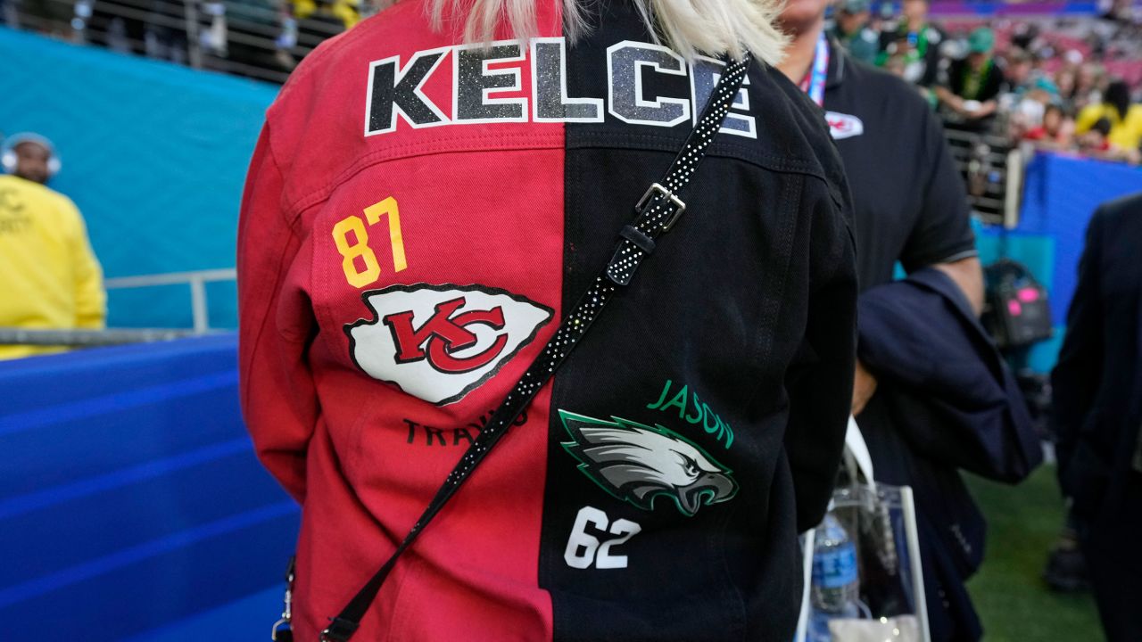 The jacket of Donna Kelce, mom of Travis and Jason, is seen before the game.