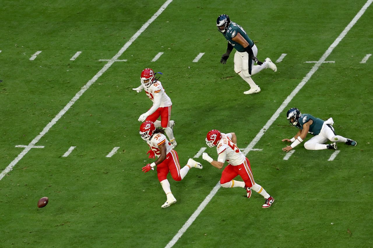 Kansas City Chiefs linebacker Nick Bolton (No. 32) chases down a Hurts fumble, which he ran back for a 36-yard touchdown in the second quarter.