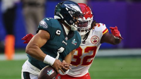 Linebacker Nick Bolton of the Kansas City Chiefs pressures Jalen Hurts just before the Eagles quarterback fumbled.