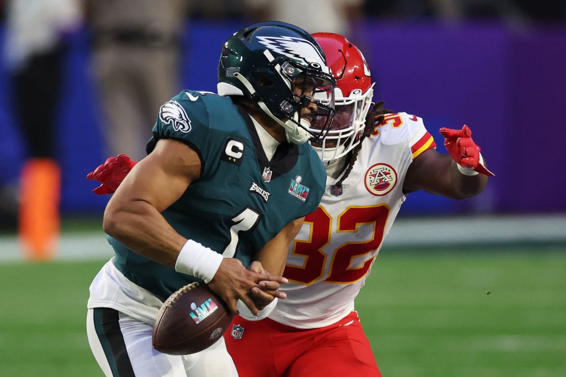 Linebacker Nick Bolton of the Kansas City Chiefs pressures Jalen Hurts just before the Eagles quarterback fumbled.