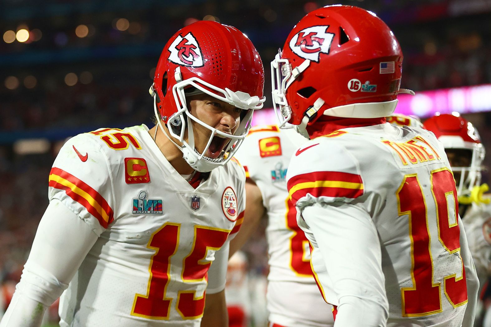 Mahomes celebrates with Toney after they connected on a 5-yard touchdown pass in the fourth quarter. After the extra point, the Chiefs had their first lead of the game, 28-27.