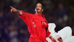 Rihanna performs during the halftime show at the NFL Super Bowl game between the Kansas City Chiefs and the Philadelphia Eagles.