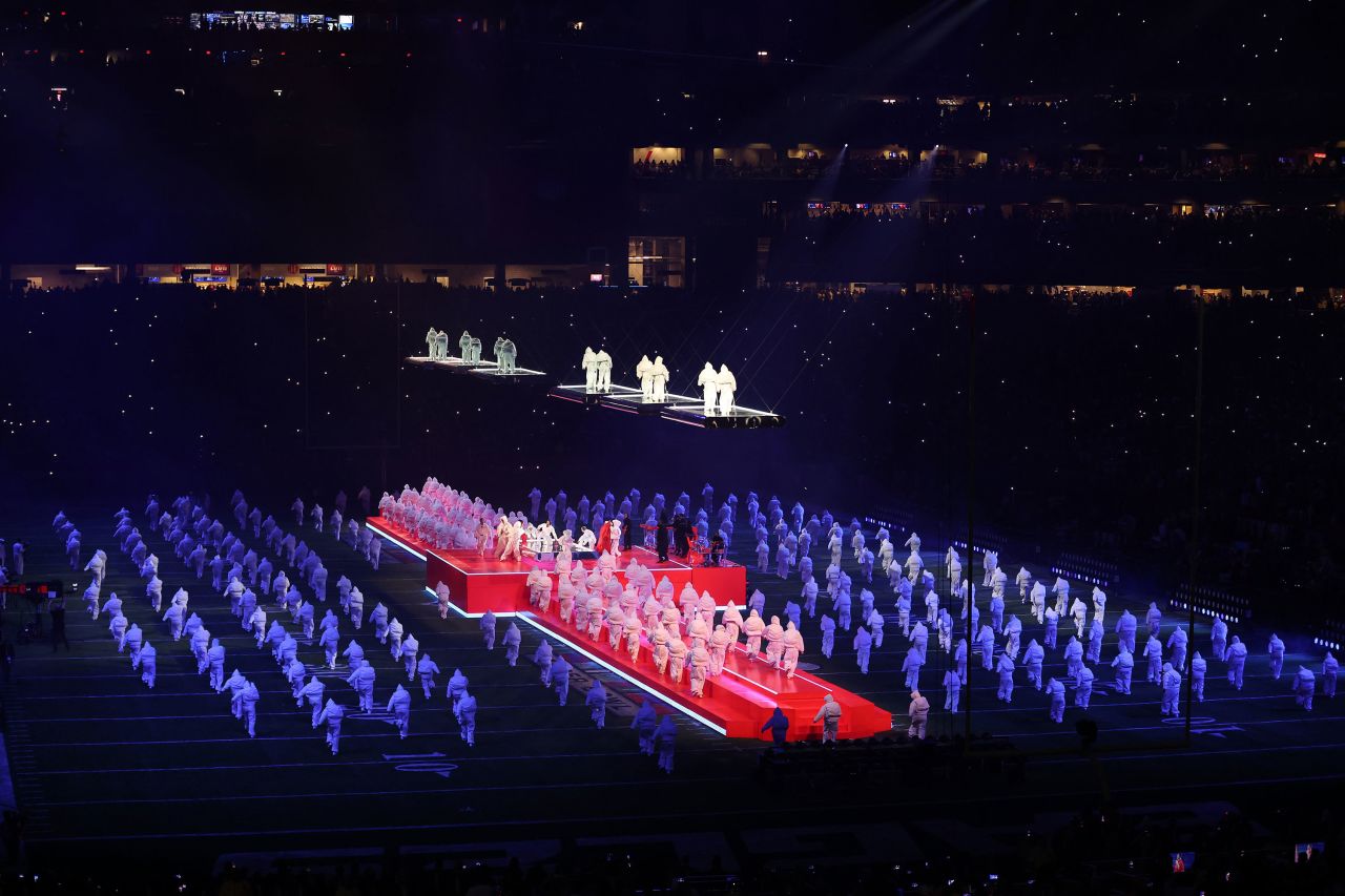 Rihanna performs onstage during the Apple Music Super Bowl LVII Halftime Show at State Farm Stadium.