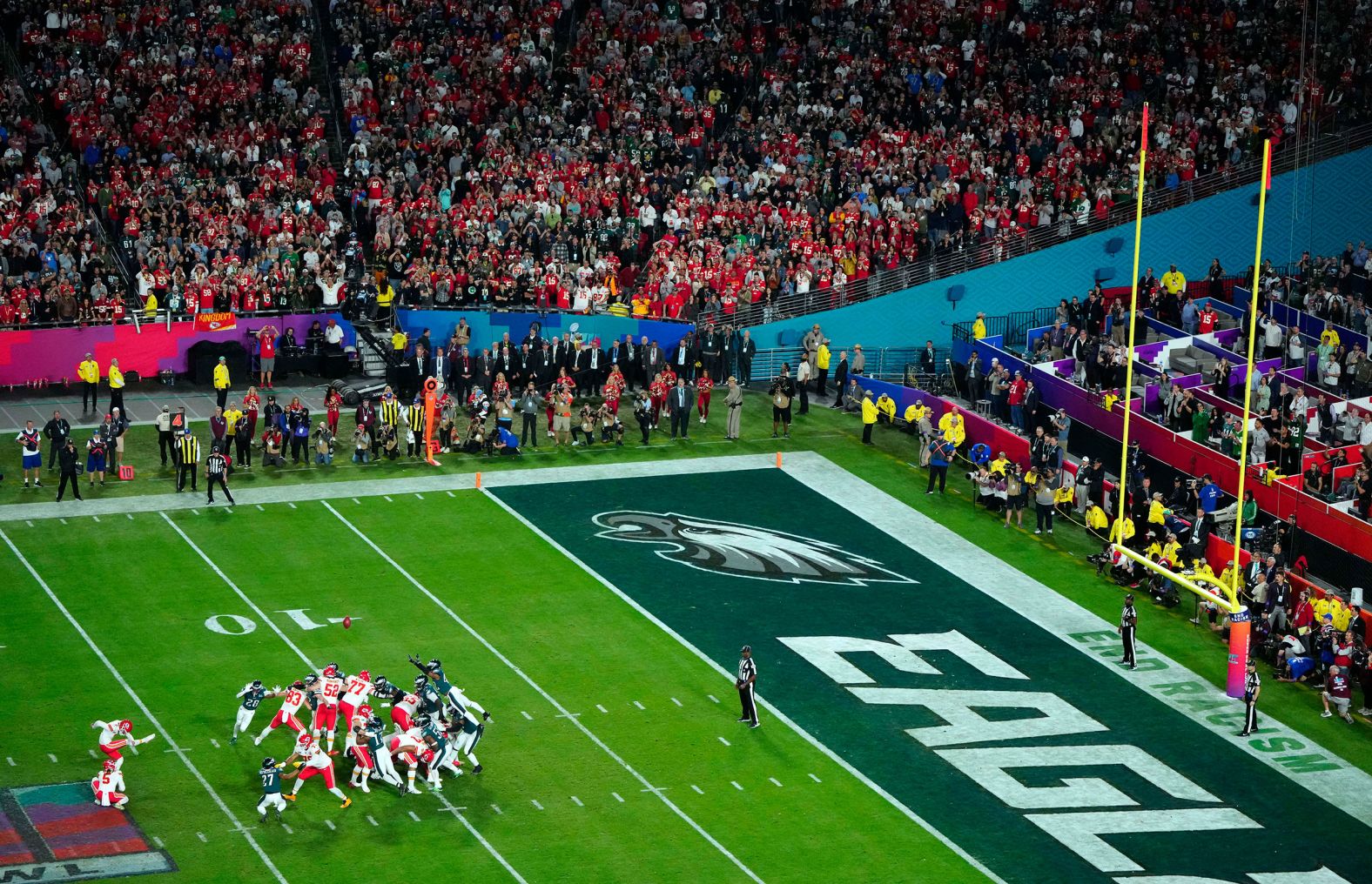 Chiefs kicker Harrison Butker kicks what proved to be the game-winning field goal.