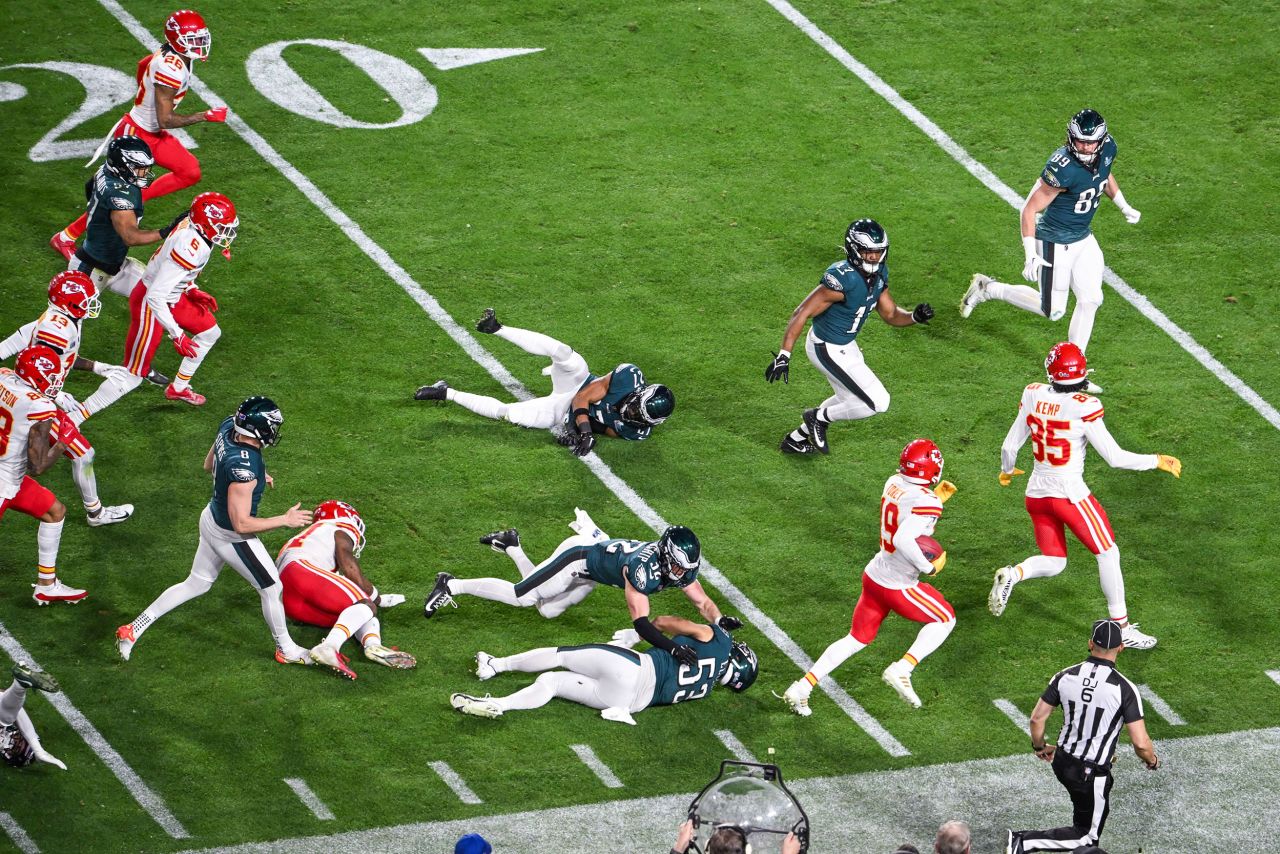 The Chiefs' Kadarius Toney returned a punt for a Super Bowl-record 65 yards during the fourth quarter. Moore caught his touchdown soon after.