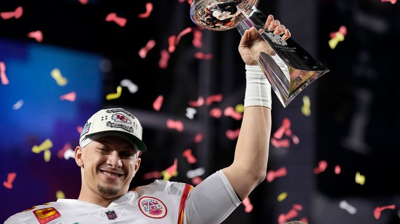 Kansas City Chiefs quarterback Patrick Mahomes holds the Vince Lombardi Trophy after the NFL Super Bowl 57 football game against the Philadelphia Eagles, Sunday, Feb. 12, 2023, in Glendale, Ariz. The Kansas City Chiefs defeated the Philadelphia Eagles 38-35. (AP Photo/Brynn Anderson)