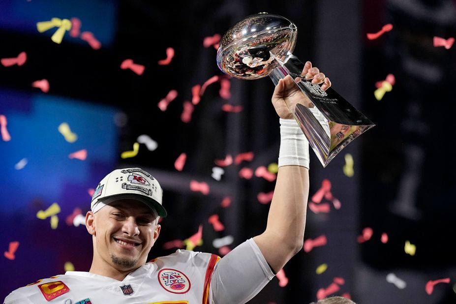 Kansas City Chiefs quarterback Patrick Mahomes holds the Vince Lombardi Trophy after the Chiefs won Super Bowl LVII. The Chiefs defeated the Philadelphia Eagles 38-35.