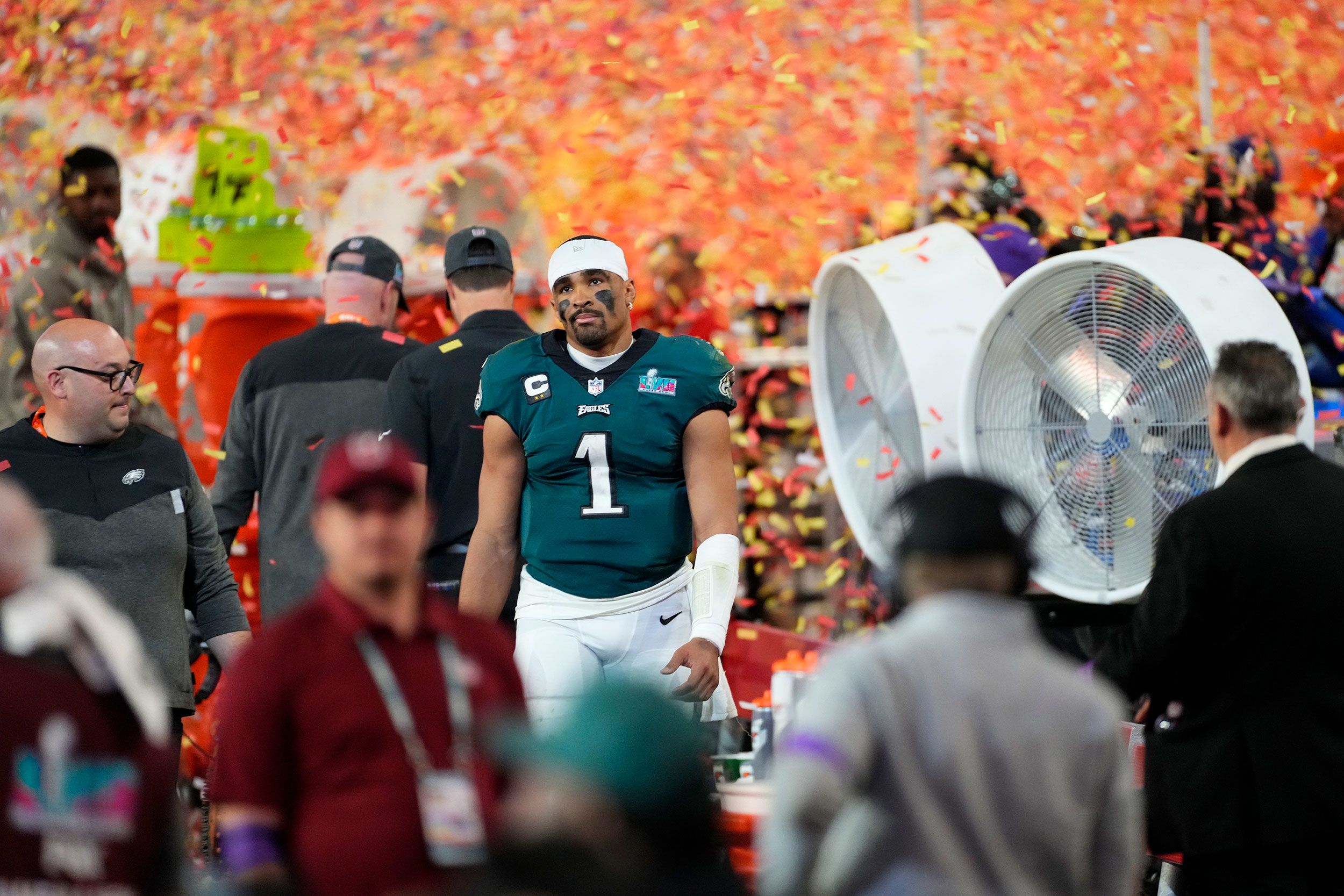 Eagles quarterback Jalen Hurts reacts after the game.