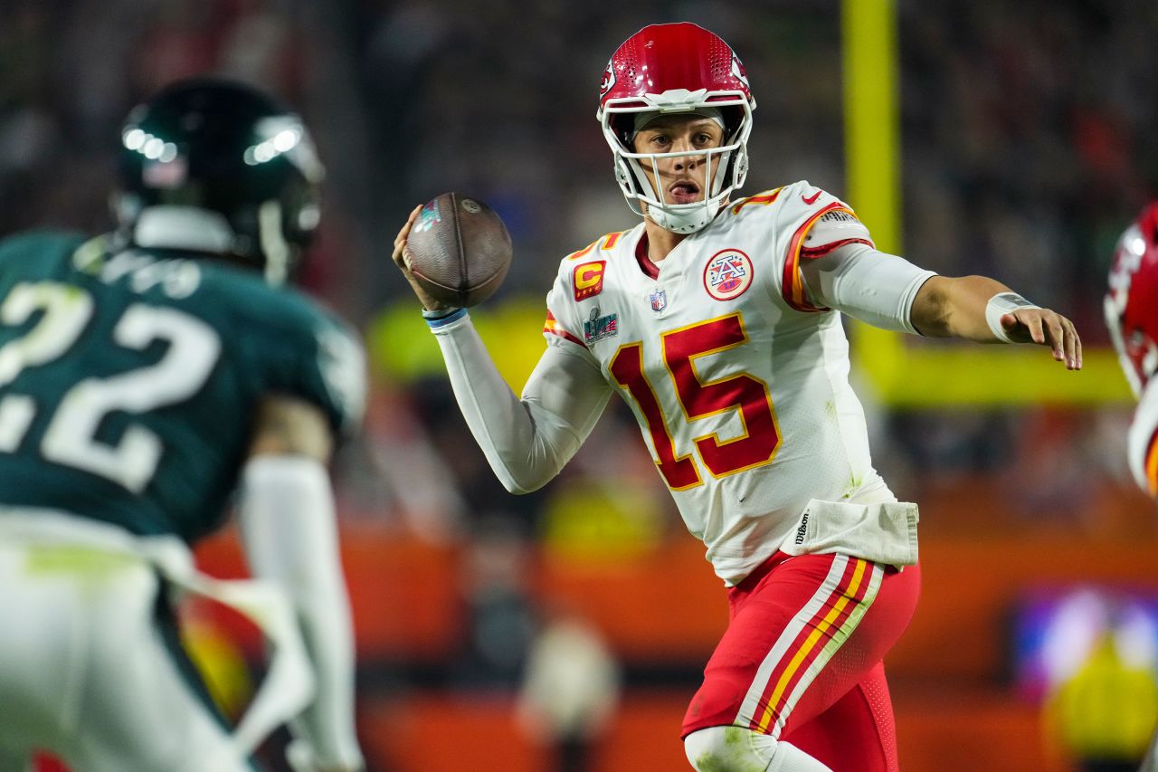 Kansas City Chiefs quarterback Patrick Mahomes looks down the field during Super Bowl LVII on Sunday, February 12. Mahomes threw for three touchdowns as the Chiefs defeated the Philadelphia Eagles 38-35.