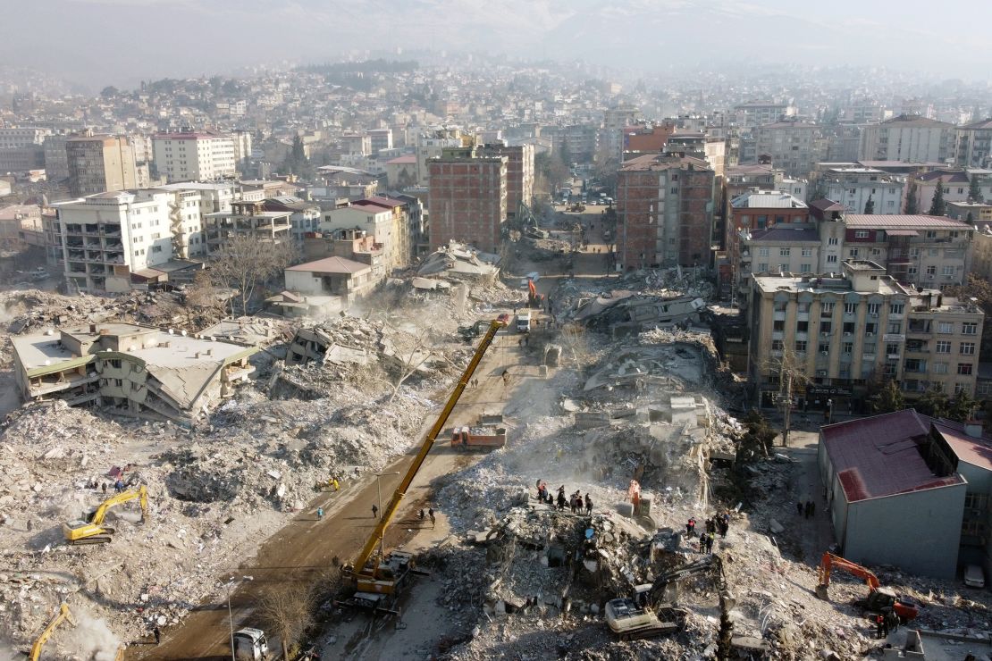 An aerial view of collapsed buildings in Kahramanmaras on Saturday as search and rescue efforts continue following last week's devastating earthquake.
