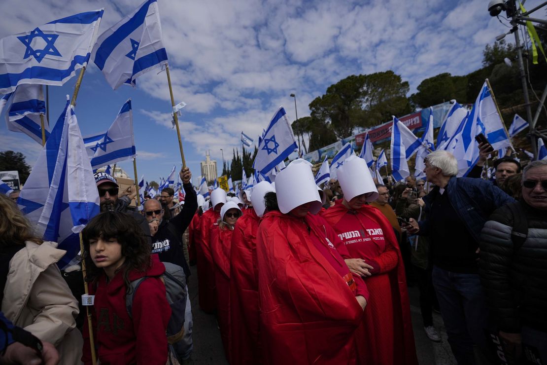 Israelis protest against plans by Prime Minister Benjamin Netanyahu's government to overhaul the judicial system, outside parliament in Jerusalem on Monday.