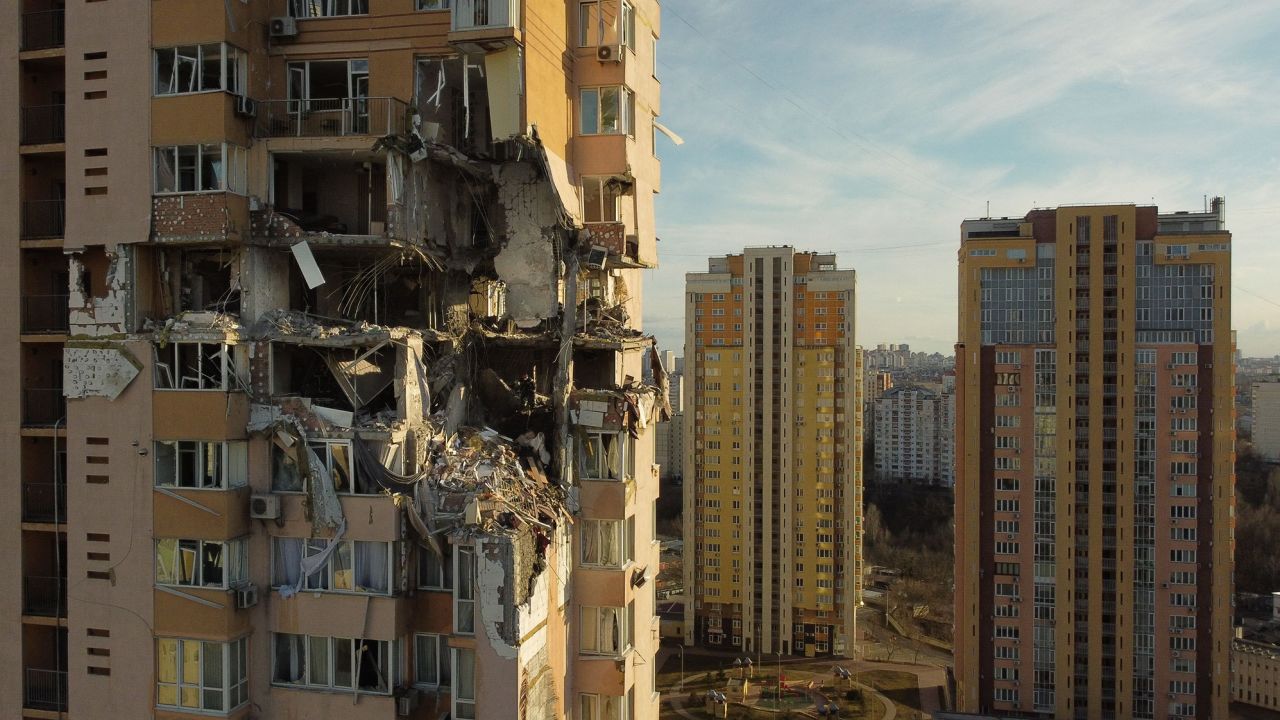 A damaged building in Kyiv, pictured two days after Russia launches its full-scale invasion of Ukraine. 