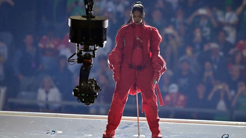 Feb 12, 2023; Glendale, Arizona, US; Recordist artist Rihanna performs during halftime of Super Bowl LVII at State Farm Stadium.