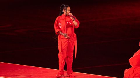 Rihanna performs her hit song at the Apple Super Bowl LVII Halftime Show in Glendale, Arizona.