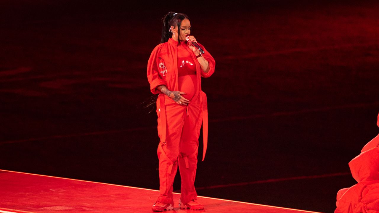 Rihanna performing her hits at the Apple Super Bowl LVII Halftime Show in Glendale, Arizona.