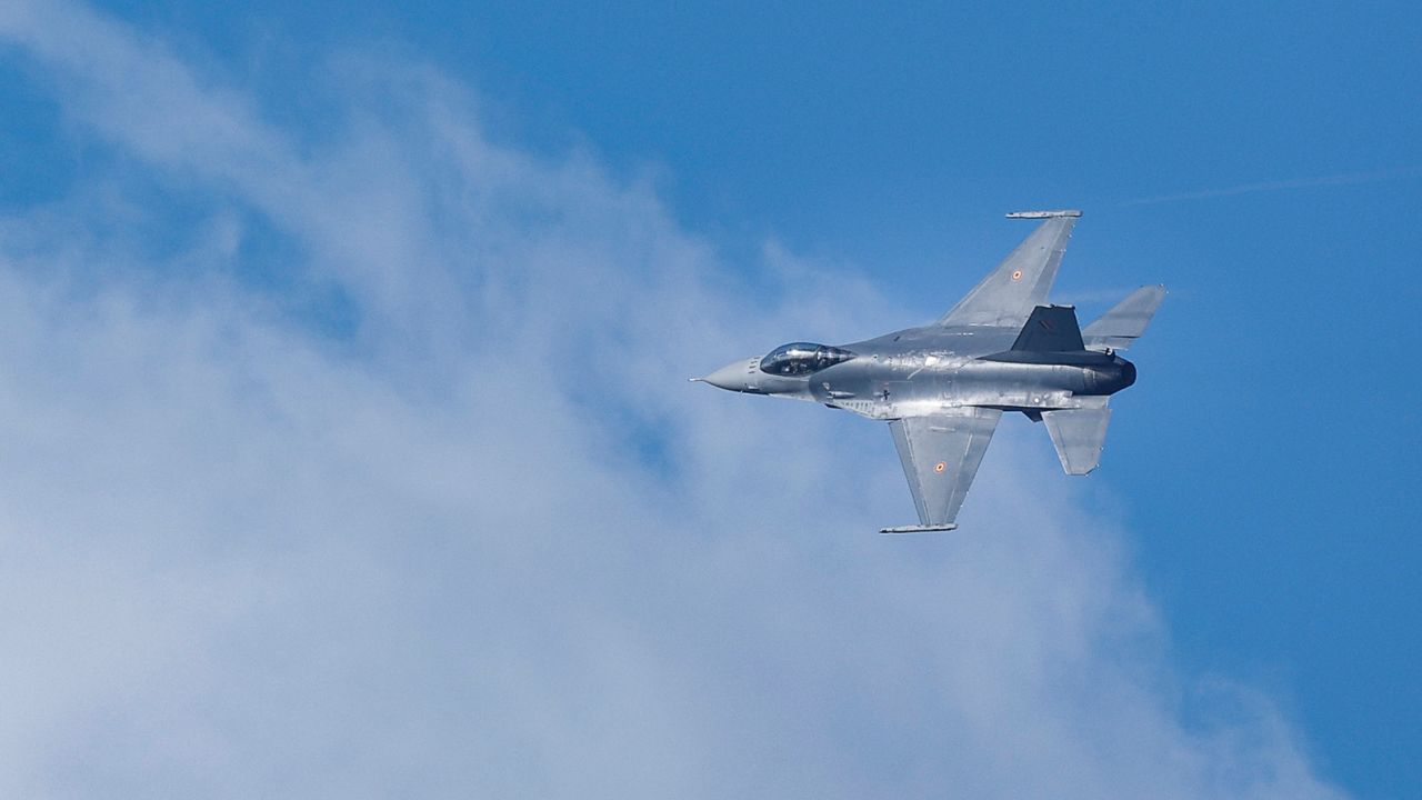 A Belgian F-16 jet fighter takes part in the NATO Air Nuclear drill "Steadfast Noon" on October 18, 2022. 