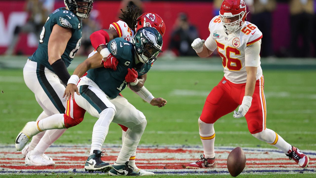 Philadelphia Eagles quarterback Jalen Hurts fumbles the ball against the Kansas City Chiefs. 