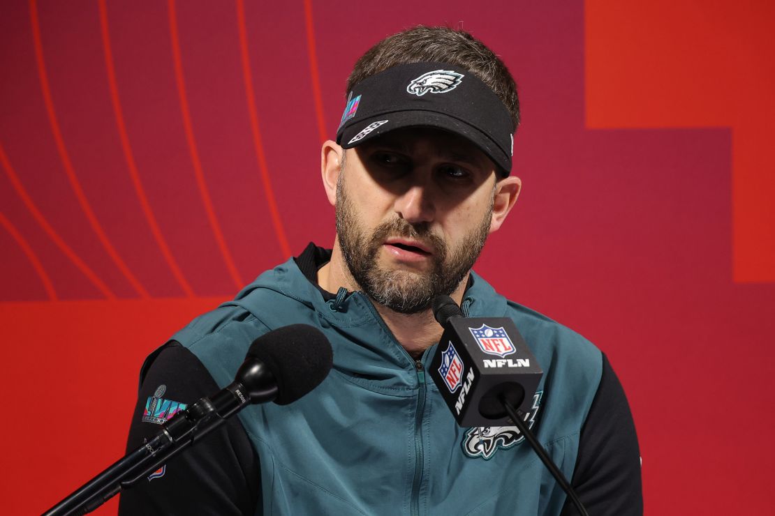 Nick Sirianni speaks to reporters after the Philadelphia Eagles' Super Bowl defeat.