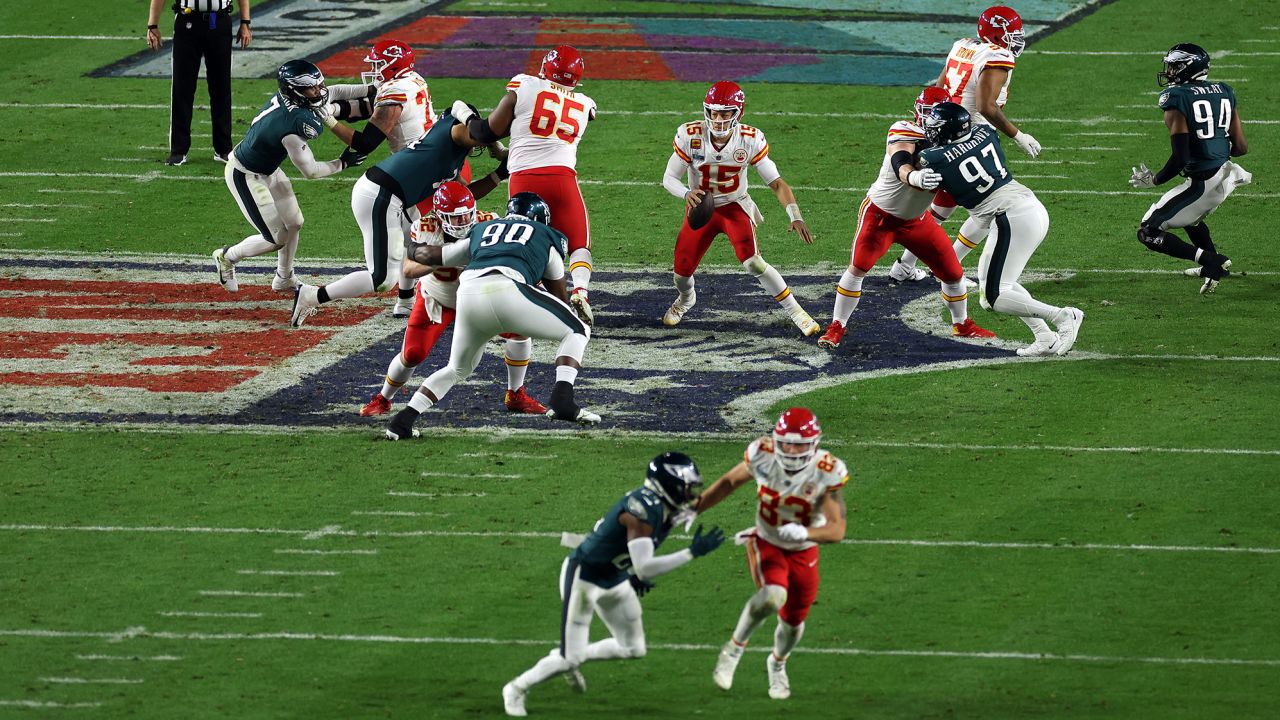 Mahomes looks to pass against the Eagles during the fourth quarter in Super Bowl LVII.