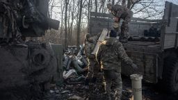 Members of a Ukrainian artillery unit near Vuhledar in Donetsk.