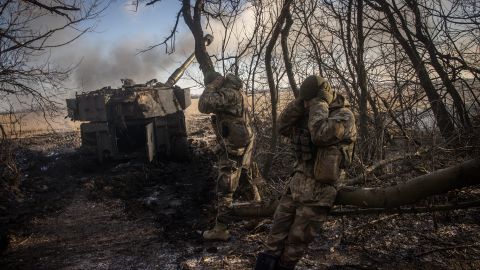 Members of a Ukrainian artillery unit fire at Russian mortar positions around Vuhledar on December 19, 2022 in Donetsk