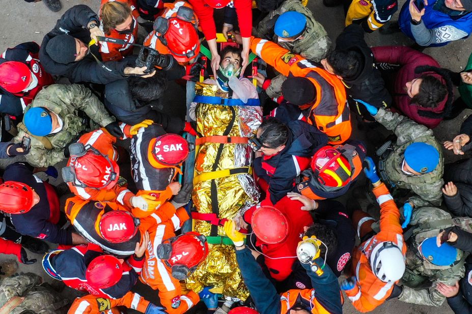 Derya Akdogan is <a href="https://edition.cnn.com/middleeast/live-news/turkey-syria-earthquake-updates-2-13-23-intl/h_e827bff20f259e96e3e34204e5712e5b" target="_blank">rescued from the rubble </a>of a collapsed building in Hatay, Turkey, on February 13.