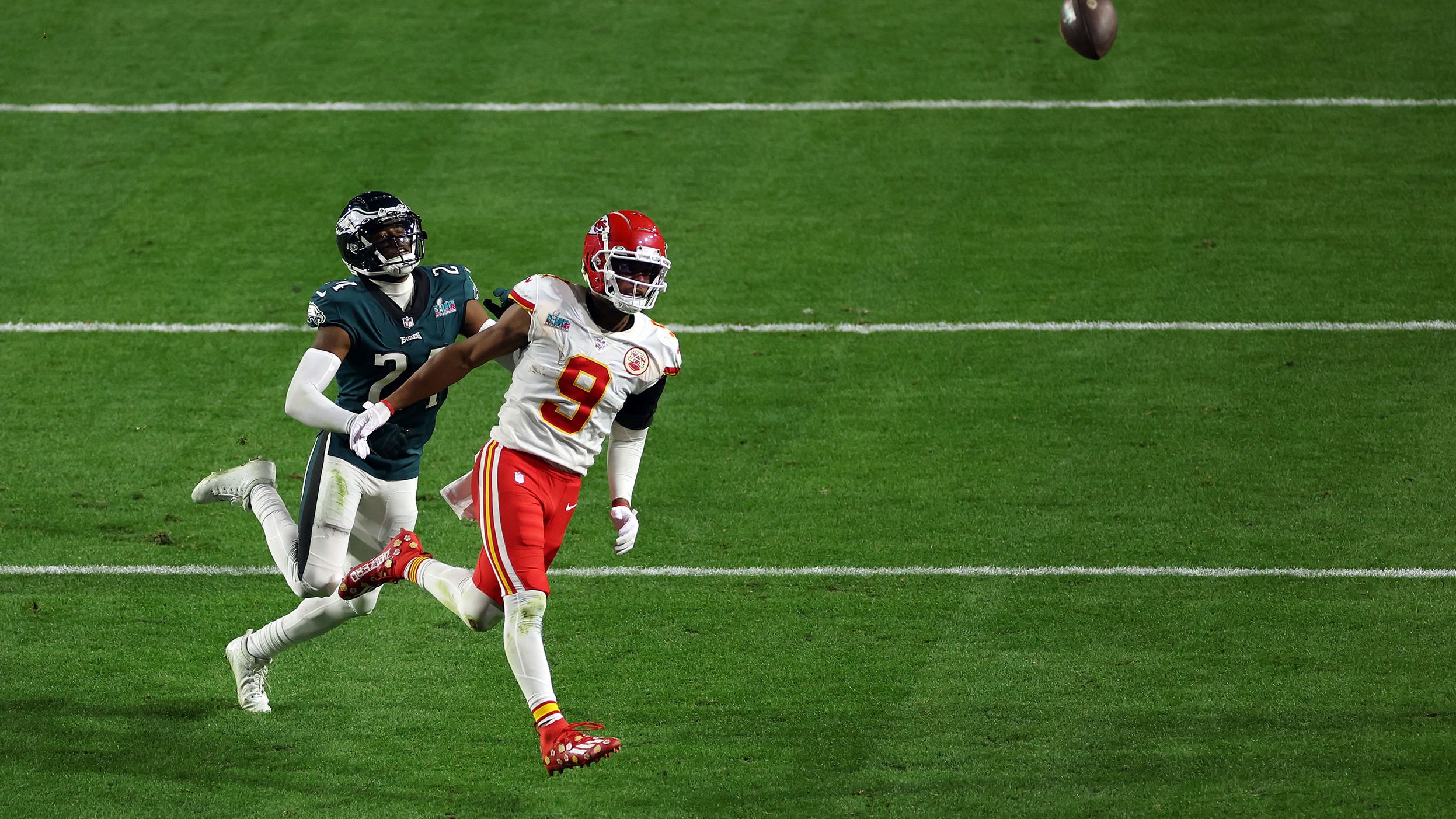 A pass soars over the head of Kansas City wide receiver JuJu Smith-Schuster late in the fourth quarter of the Super Bowl. Eagles cornerback James Bradberry <a href="index.php?page=&url=https%3A%2F%2Fwww.cnn.com%2F2023%2F02%2F13%2Fsport%2Fholding-call-super-bowl-lvii-chiefs-eagles-spt-intl%2Findex.html" target="_blank">was called for holding</a> on the play, setting up the Chiefs' game-winning field goal.