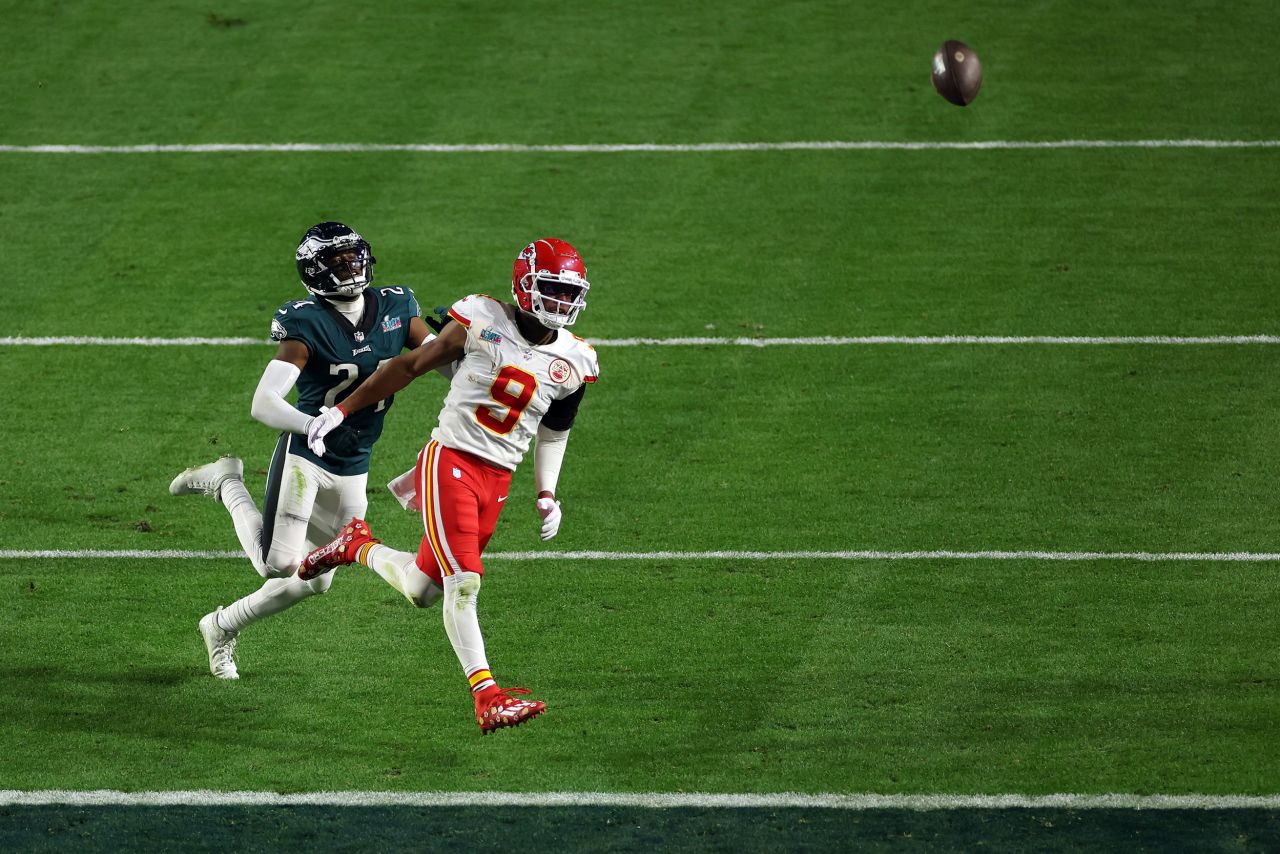 A pass soars over the head of Kansas City Chiefs wide receiver JuJu Smith-Schuster late in the fourth quarter of Super Bowl LVII on Sunday, February 12. Philadelphia cornerback James Bradberry <a href="https://www.cnn.com/2023/02/13/sport/holding-call-super-bowl-lvii-chiefs-eagles-spt-intl/index.html" target="_blank">was called for holding on the play</a>, allowing the Chiefs to run the clock and kick a game-winning field goal with just seconds remaining.