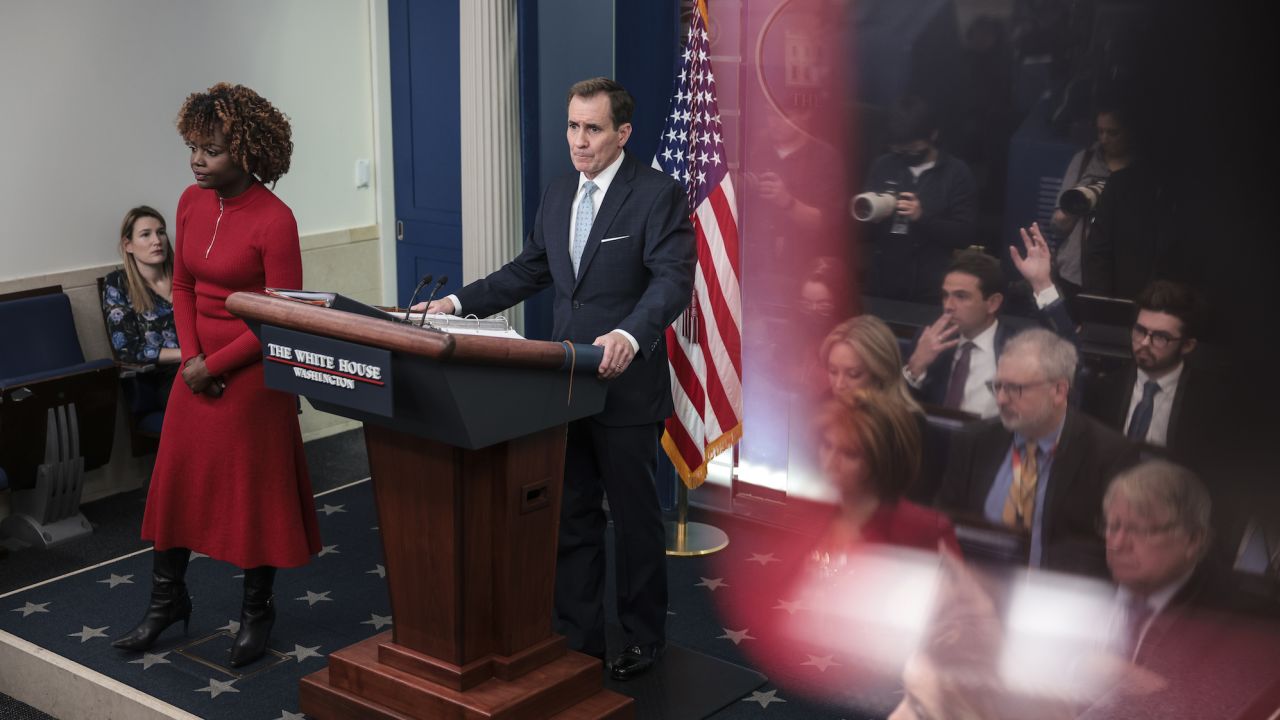 John Kirby, national security council coordinator, speaks during a news conference with Karine Jean-Pierre, White House press secretary, left, in the James S. Brady Press Briefing Room at the White House in Washington, DC, US, on Monday, Feb. 13, 2023. Kirby said China's alleged spy balloon program has only had a "limited" benefit to the country's surveillance efforts. Photographer: Oliver Contreras/Sipa/Bloomberg