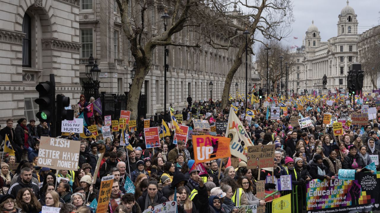 Education workers rally in Westminster, London during a day of strikes across the United Kingdom on February 1, 2023.