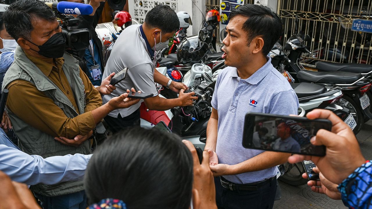 Ith Sothoeuth, media director of the Cambodian Center for Independent Media (CCIM) which oversees VOD, speaks to reporters outside his office in the capital Phnom Penh on February 13, 2023.