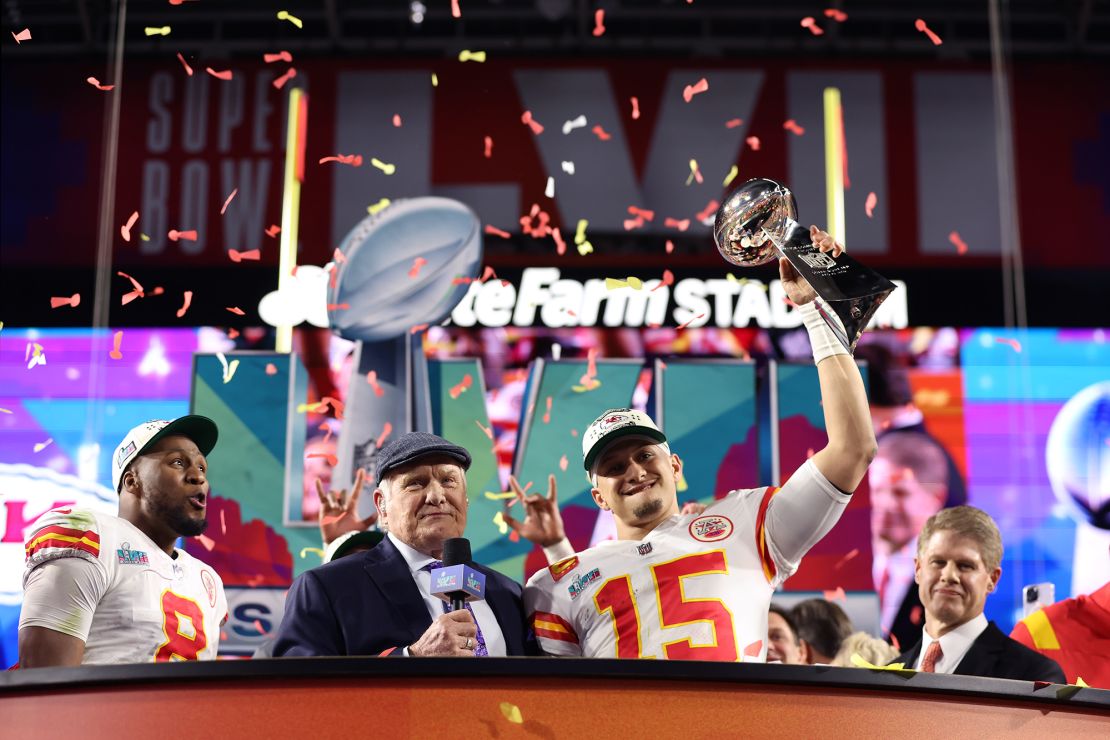 Mahomes celebrates with the Vince Lombardi Trophy after defeating the Philadelphia Eagles 38-35 in Super Bowl LVII.