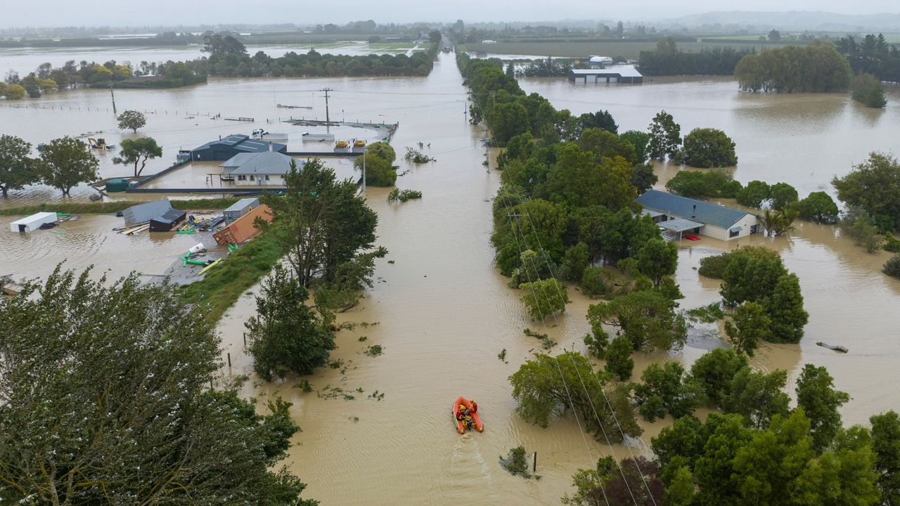 An aerial photo taken on February 14 shows flooding caused by Cyclone Gabrielle in Awatoto, near the city of Napier.