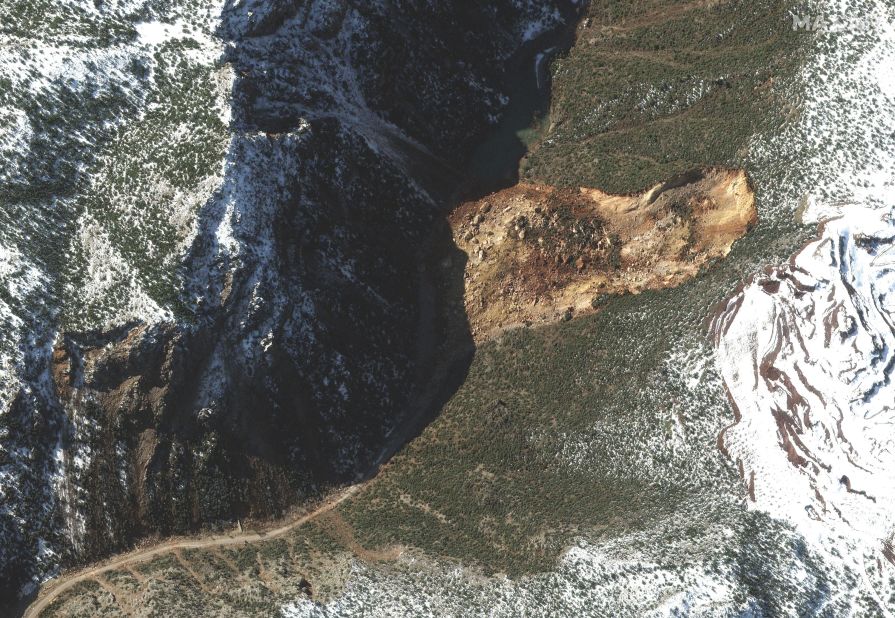 This satellite image, taken on February 13, shows a landslide blocking a road in Islahiye, Turkey.