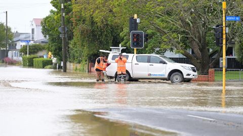 Contractors close flooded streets in Taradale on February 14, 2023 in Napier, New Zealand.