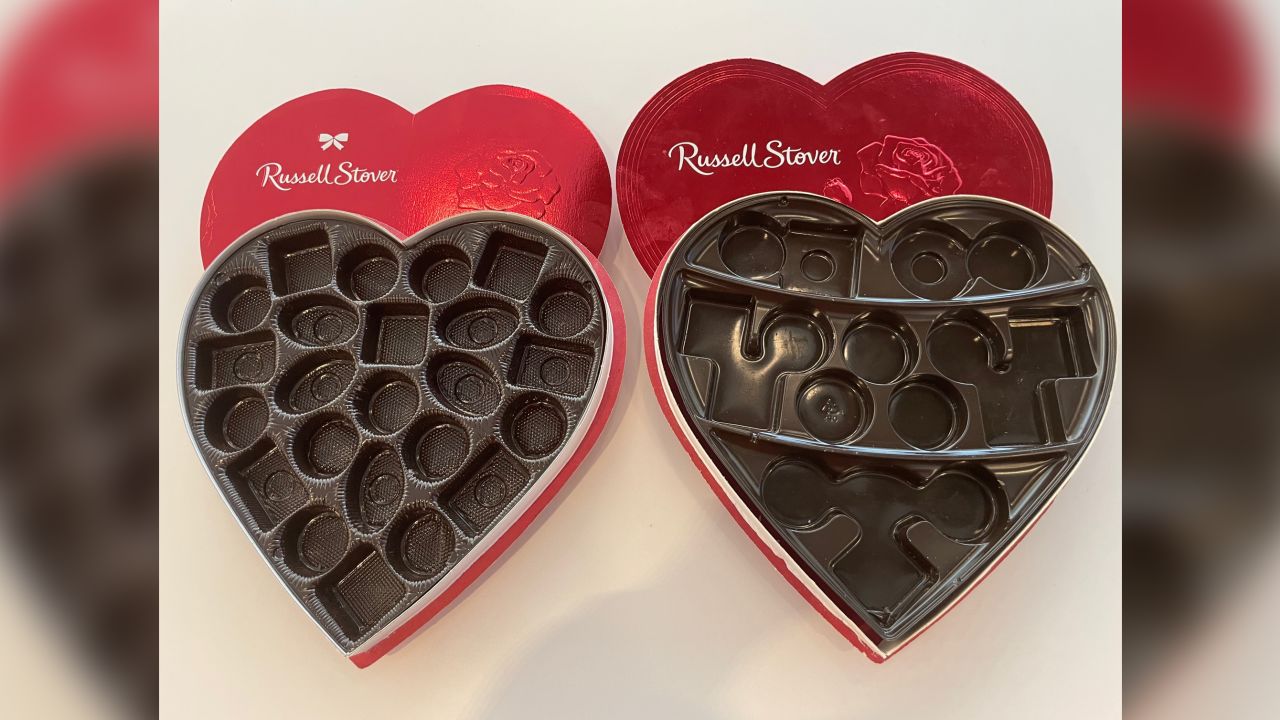 Two Valentine's chocolate boxes, on the left is one with a Best Buy date of June 1, 2019, containing 24 pieces. On the right is one dated June 1, 2022 with 16 larger pieces. 