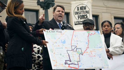 Cliff Johnson, center, with the MacArthur Justice Center, voices his opposition to Mississippi House Bill 1020 during a protest at the Mississippi Capitol in Jackson.