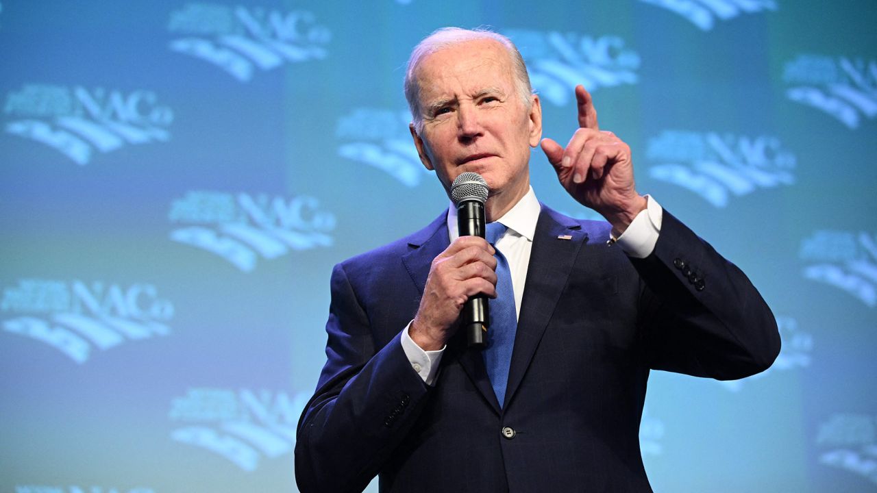 President Joe Biden delivers the keynote address during the National Association of Counties at the Washington Hilton Hotel in Washington, DC, on February 14.