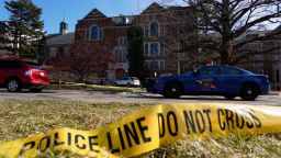 Police tape surrounds the Michigan State University Union on East Grand River Avenue following an active shooting incident on the school's campus in East Lansing on Tuesday, Feb.14, 2023, that left three dead and multiple injured.