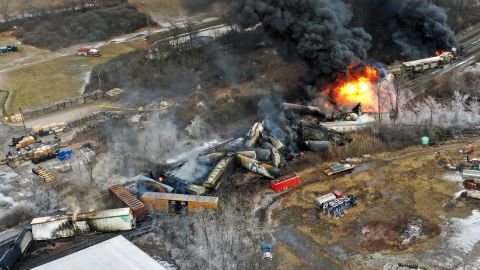 Portions of a Norfolk Southern freight train that derailed in East Palestine, Ohio, seen on February 4.