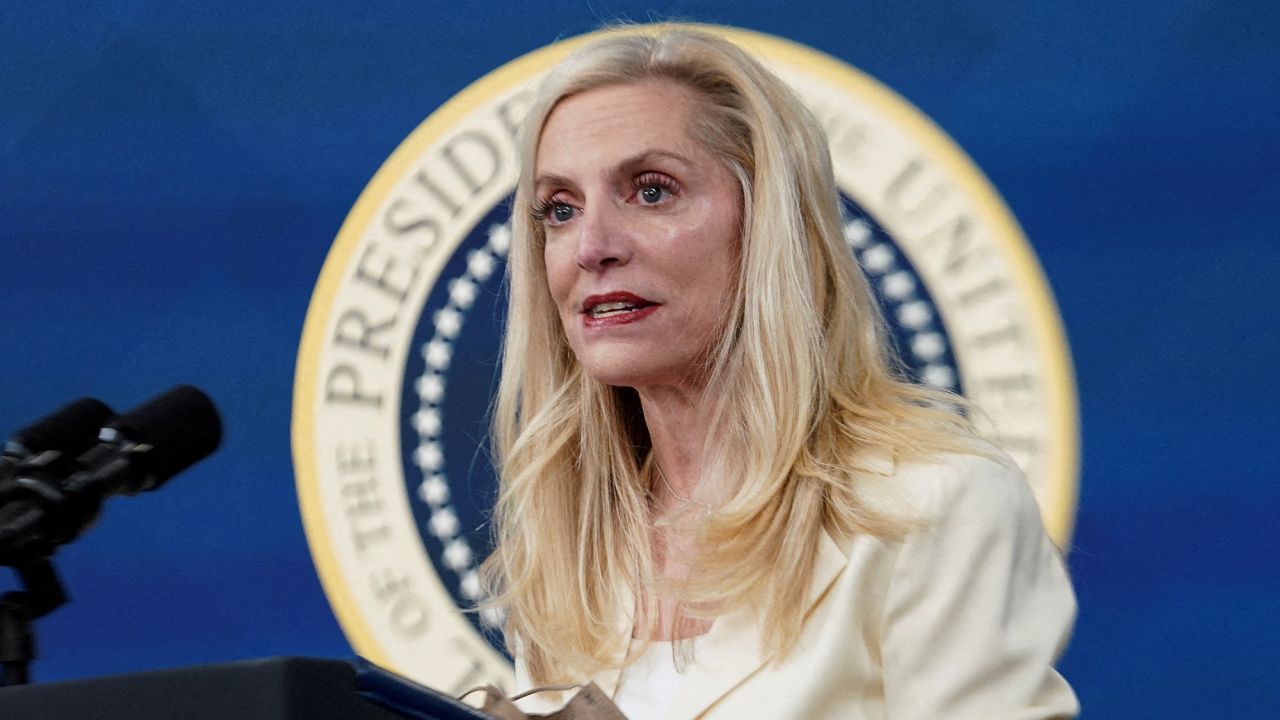 In this November 2021 photo, Lael Brainard, a member of the Federal Reserve's Board of Governors, speaks after she was nominated by U.S. President Joe Biden to serve as vice chair of the Fed, in the Eisenhower Executive Office Building's South Court Auditorium at the White House in Washington, DC.