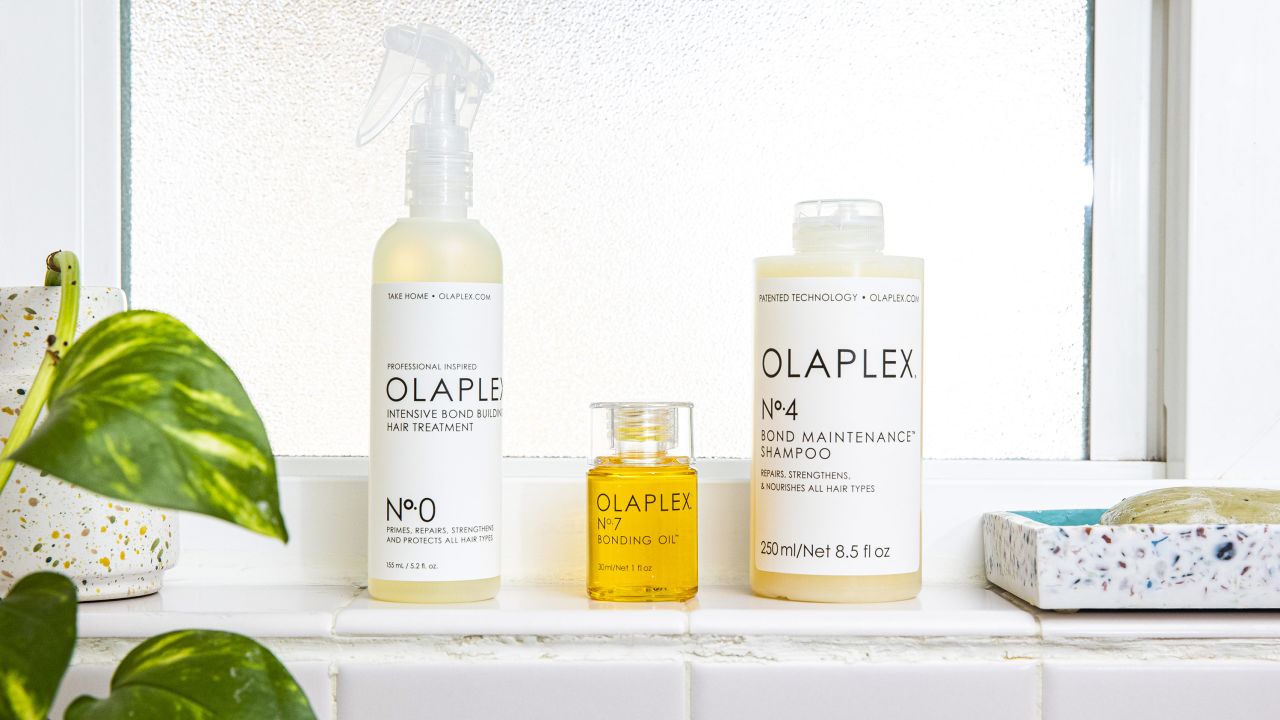 Bottles of Olaplex hair care products
