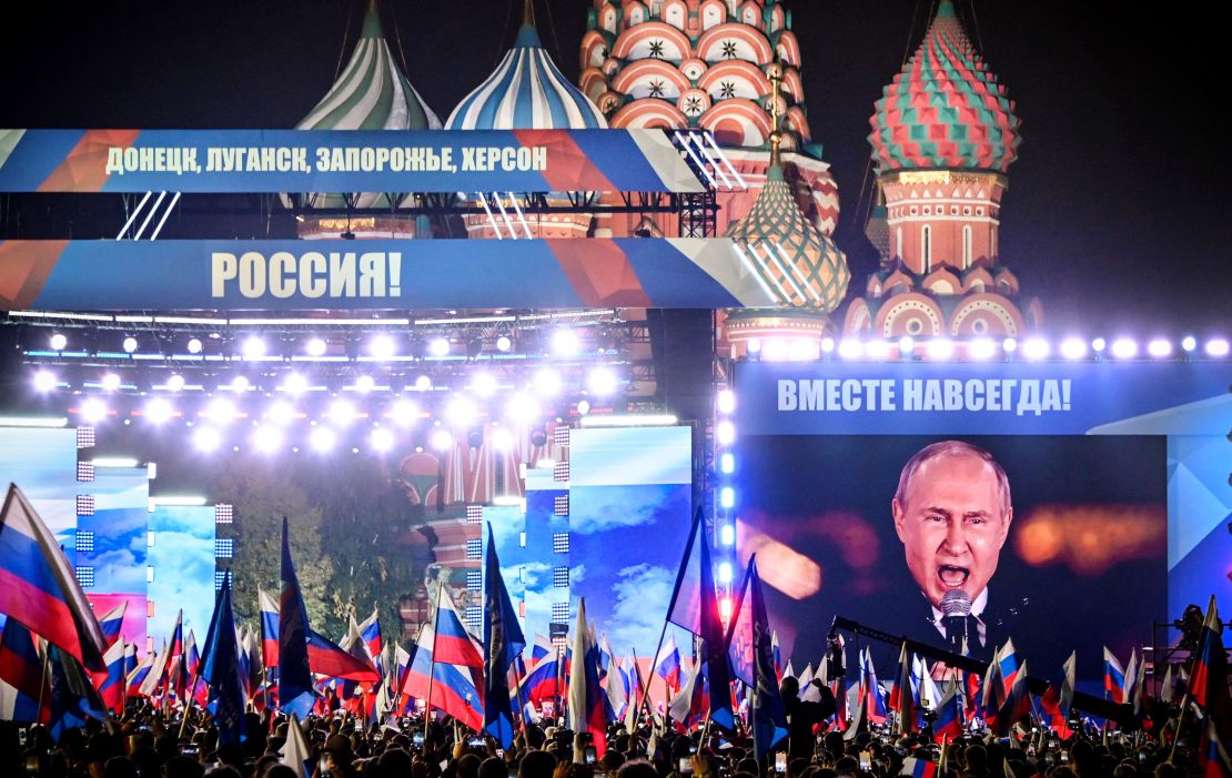 Putin addresses a rally in Red Square marking the illegal Russian annexation of four regions of Ukraine -- Luhansk, Donetsk, Kherson and Zaporizhzhia -- in September.