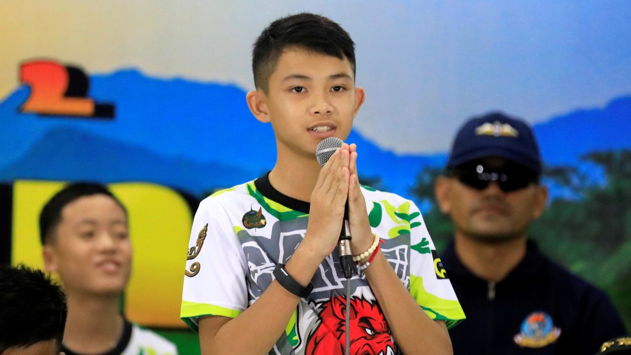 Duangpetch Phromthep speaks at a news conference in Thailand following his rescue from a cave in July 2018. 